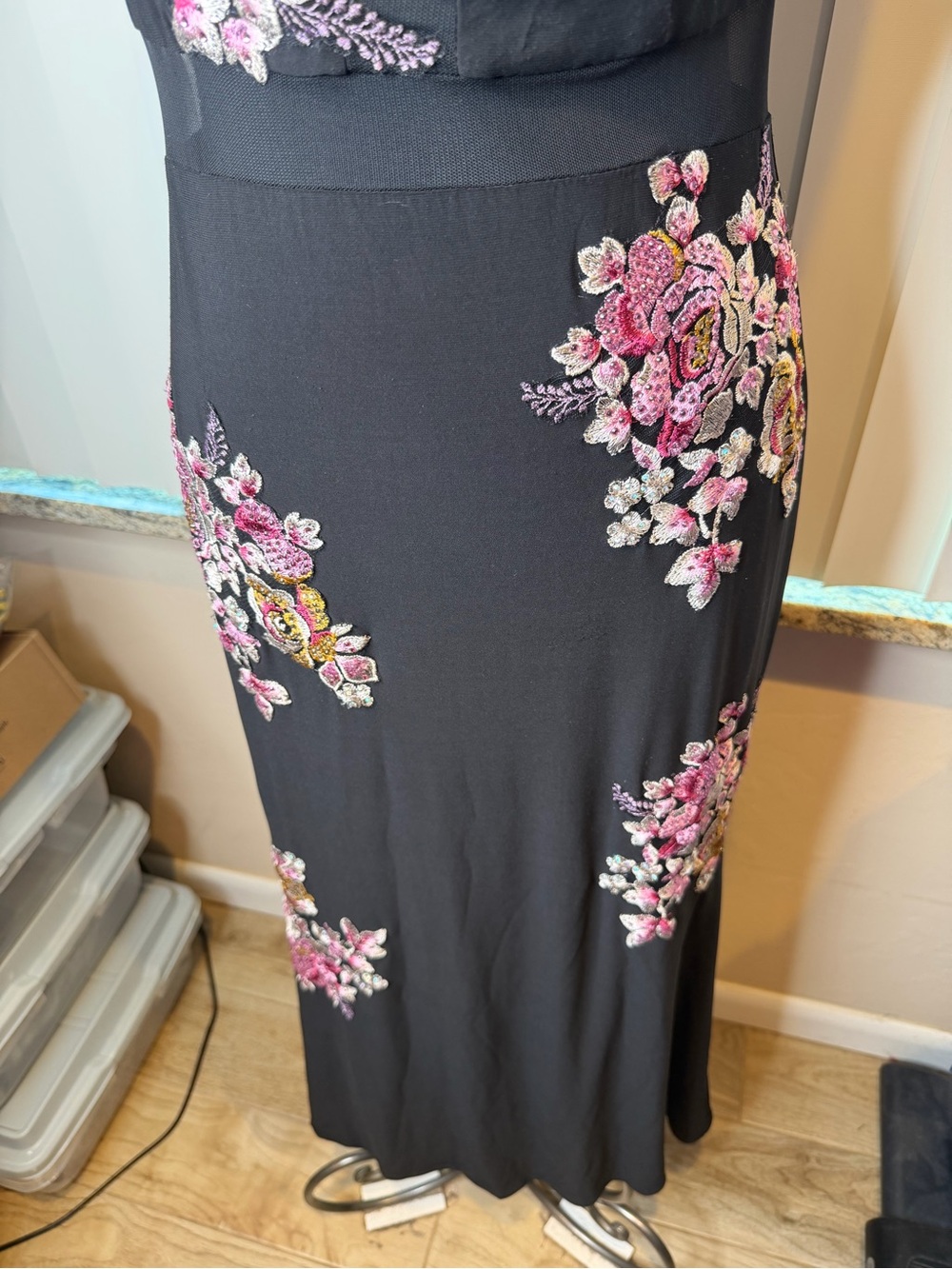 Xscape black halter gown pink and metallic floral embroidery mesh cutouts SZ 10 - Picture 7 of 11